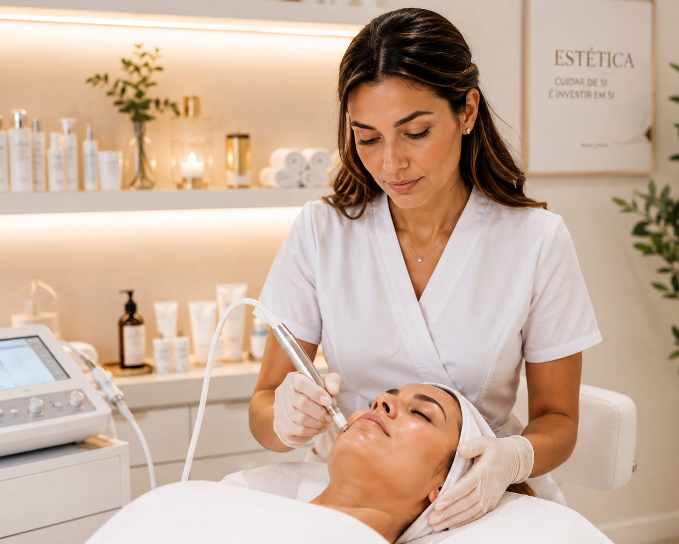 Profissional de estética facial num ambiente cuidado