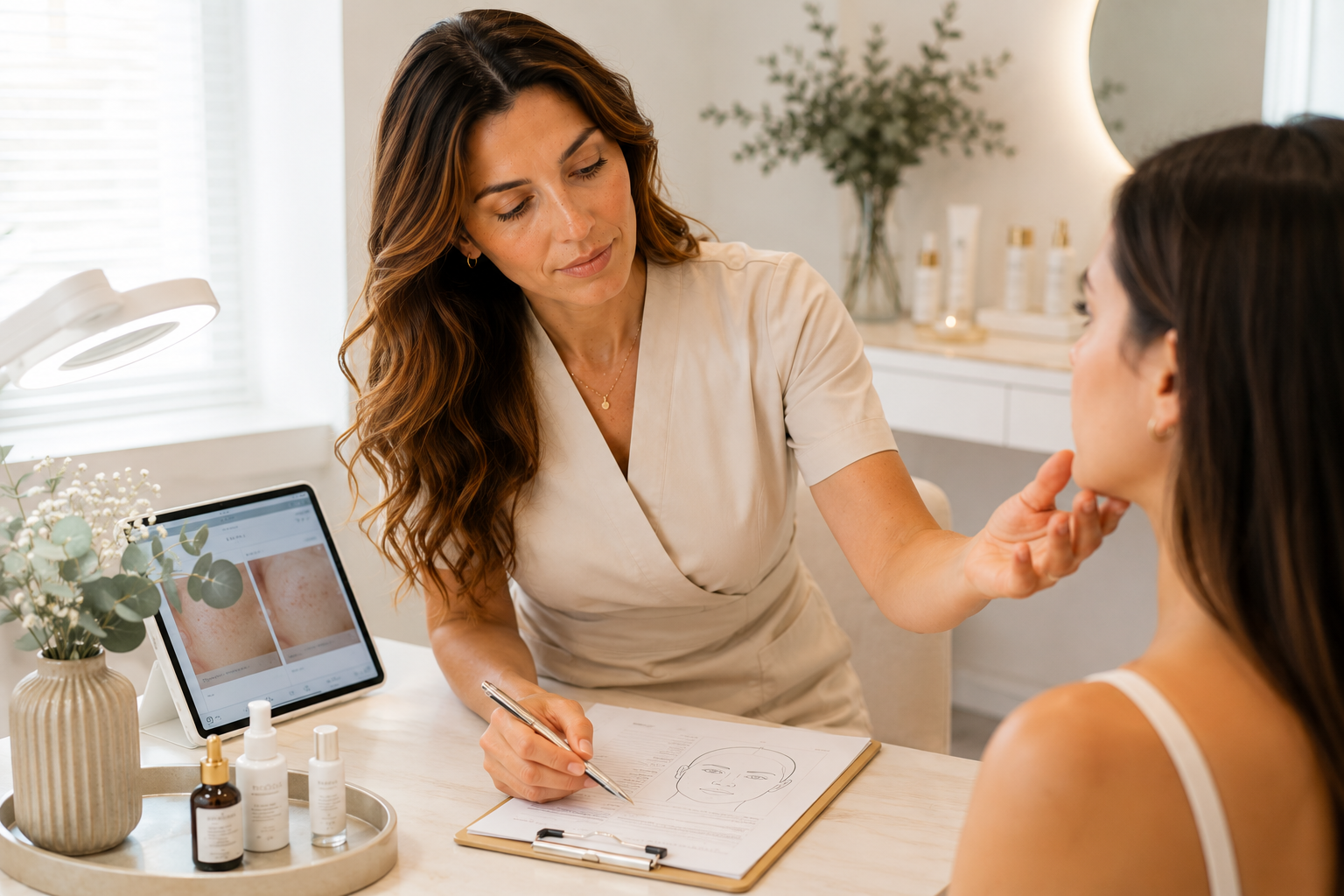 Profissional de estética facial em atendimento cuidado