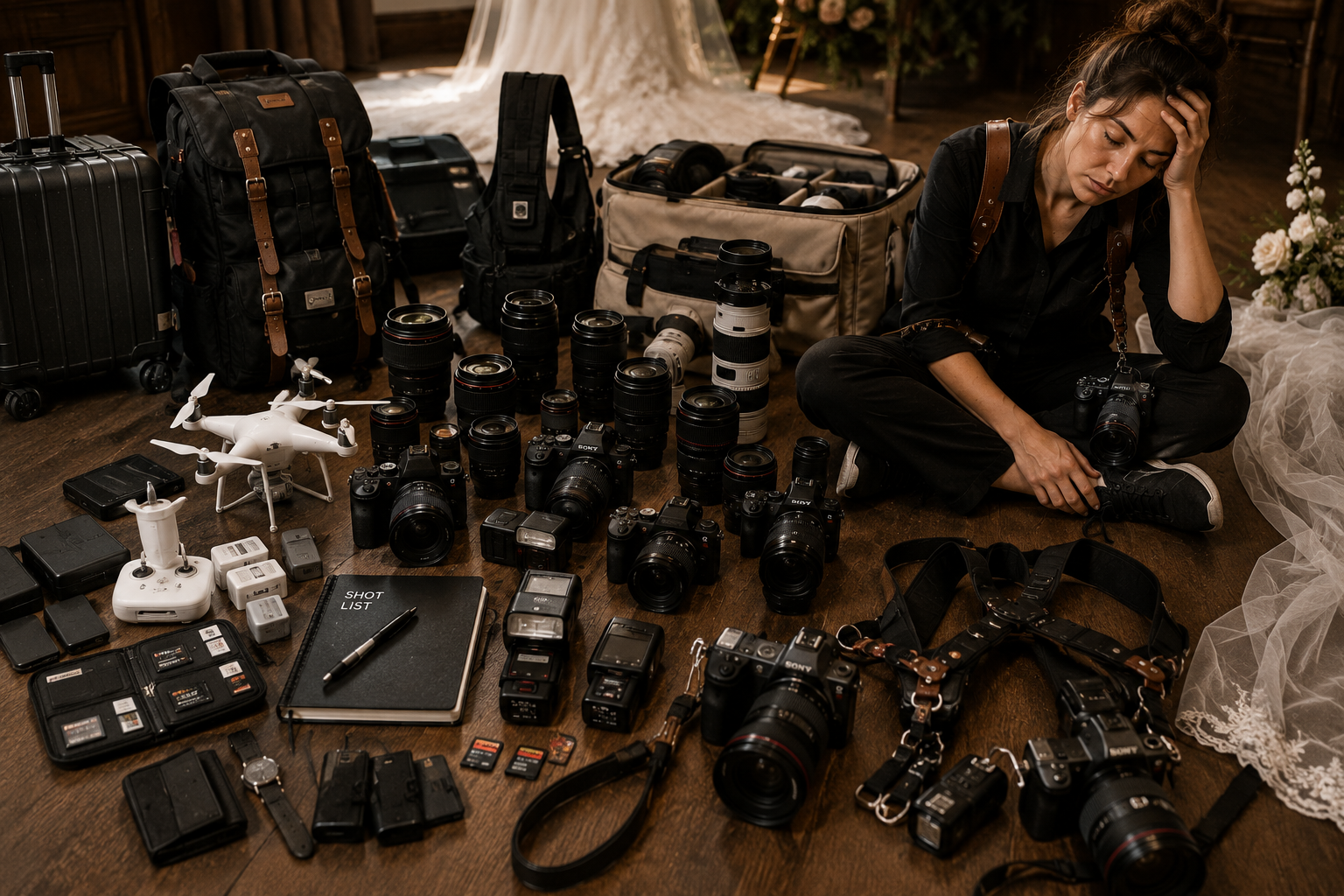 Fotógrafa cansada no fim de um evento com material de trabalho