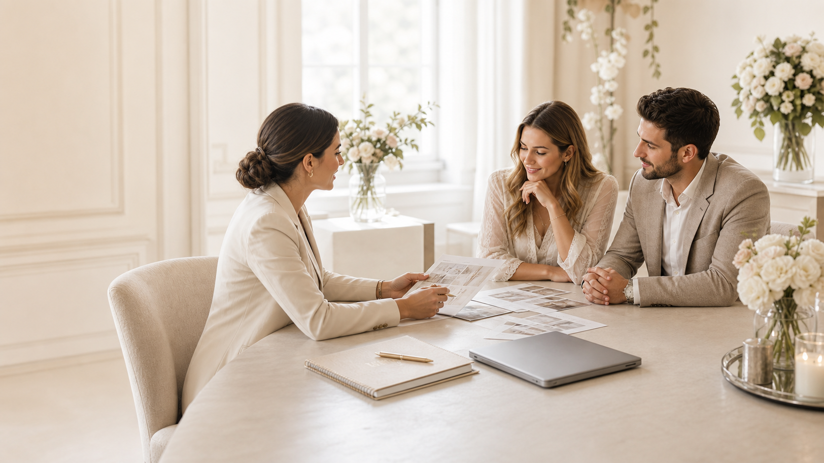 Wedding planner em reunião com um casal